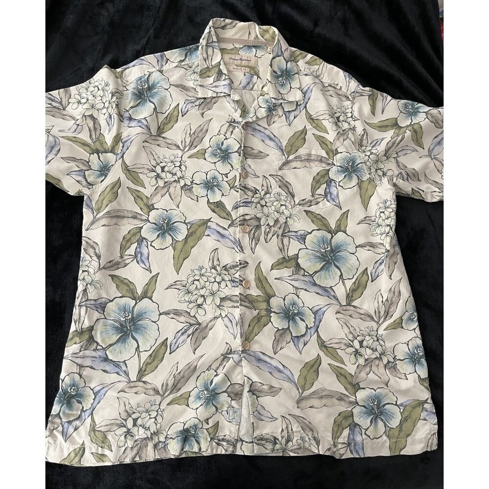 Tommy Bahama Shirt Silk Hawaiian Mens size L Blue Beige Hibiscus Palm Print